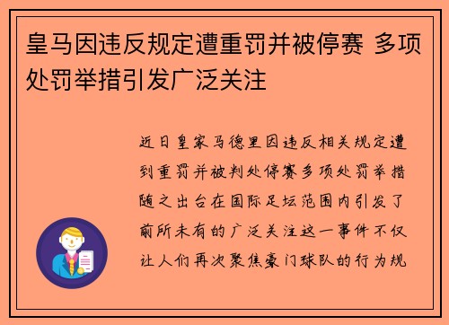 皇马因违反规定遭重罚并被停赛 多项处罚举措引发广泛关注